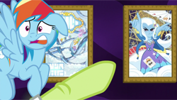 Size: 1966x1107 | Tagged: safe, edit, edited screencap, screencap, granny smith, rainbow dash, trixie, better together, equestria girls, forgotten friendship, grannies gone wild, clothes, cutie mark clothes, dress, granny smith choosing poster, jacket, jewelry, joker, magic, magic show, magic trick, magic wand, meme, necklace, playing card, poster