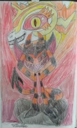 Size: 1024x1692 | Tagged: safe, artist:tobiisabunny, daybreaker, oc, oc:dante the savage imp, demon, pony, evil laugh, in love, inferno, joker, on fire, traditional art