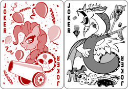 Size: 1270x889 | Tagged: safe, artist:virenth, derpibooru import, discord, pinkie pie, draconequus, earth pony, pony, joker, jokercord, pinkie joker, playing card