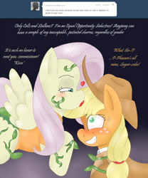 Size: 1076x1295 | Tagged: safe, artist:blackbewhite2k7, derpibooru import, applejack, fluttershy, earth pony, pegasus, pony, appleshy, batman, commissioner gordon, crossover, female, kissing, lesbian, mind control, parody, poison ivy