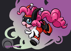 Size: 1000x717 | Tagged: safe, artist:alienfirst, derpibooru import, pinkie pie, earth pony, pony, batman, clothes, costume, crossover, harley quinn, solo