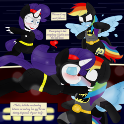 Size: 2080x2080 | Tagged: safe, artist:blackbewhite2k7, derpibooru import, rainbow dash, rarity, pegasus, pony, unicorn, batman, catwoman, comic, female, fight, high res, kissing, lesbian, parody, raridash, shipping