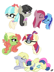 Size: 768x1024 | Tagged: safe, artist:php76, bon bon, coco pommel, derpy hooves, minuette, moondancer, octavia melody, pinkie pie, sweetie drops, tree hugger, earth pony, pegasus, pony, alternate hairstyle, chest fluff, coctavia, crack shipping, derpybon, female, hug, kissing, lesbian, mare, minupie, nuzzling, pinkamena diane pie, shipping, simple background, transparent background, treedancer, winghug