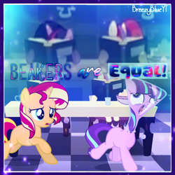 Size: 1000x1000 | Tagged: dead source, safe, artist:breezyblueyt, moondancer, starlight glimmer, sunset shimmer, twilight sparkle, pony, unicorn, beaker, book, counterparts, cute, erlenmeyer flask, female, filly, filly moondancer, filly starlight glimmer, filly sunset shimmer, filly twilight sparkle, flaskhead hearts, foal, funny, magical quartet, manip, running, twilight's counterparts, worried, younger