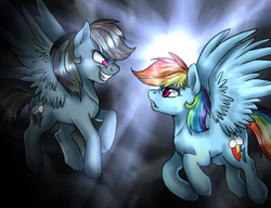 Size: 1388x1068 | Tagged: safe, artist:not-ordinary-pony, rainbow dash, pegasus, pony, discorded, duality, duo, evil grin, grin, looking at each other, rainbow ditch, self ponidox, smiling, traitor dash