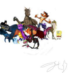 Size: 2000x2000 | Tagged: safe, derpibooru import, rainbow dash, pegasus, pony, balto, batman, crash bandicoot, crossover, cynder, draco, dragonheart, high res, how to train your dragon, invader zim, saphira, spongebob squarepants, spyro the dragon, toothless the dragon