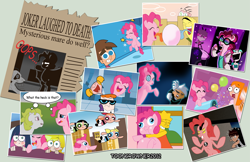 Size: 3779x2453 | Tagged: safe, artist:toongrowner, derpibooru import, mare do well, pinkie pie, surprise, earth pony, pony, g1, anarchy panty, anarchy stocking, batman, batman the animated series, ben 10, ben tennyson, blossom (powerpuff girls), bubbles (powerpuff girls), buttercup (powerpuff girls), candace flynn, crossover, crossover nexus, danny phantom, dee dee, dexter, dexter's laboratory, dimensional shenanigans, dr. insano, ed, ed edd n eddy, eddy, female, gir, high res, hilarious in hindsight, invader zim, lisa simpson, mare, mass crossover, multiverse, newspaper, panty and stocking with garterbelt, party cannon, phineas and ferb, photo, the fairly oddparents, the joker, the powerpuff girls, the simpsons, the spoony experiment, timmy turner, zim