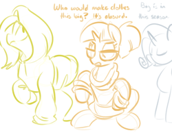 Size: 900x700 | Tagged: safe, artist:goat train, fluttershy, moondancer, rarity, pegasus, pony, unicorn, clothes, dialogue, loose fitting clothes, oversized clothes, sketch