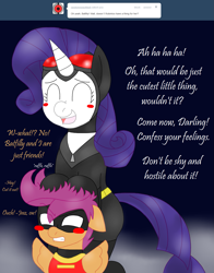 Size: 1235x1575 | Tagged: safe, artist:blackbewhite2k7, derpibooru import, rarity, scootaloo, pony, unicorn, ask, ask the gothamville sirens, batman, blush sticker, blushing, catwoman, crossover, female, implied lesbian, implied scootadash, implied shipping, parody, robin, shipper on deck, shipperity, wingboner