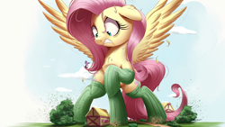 Size: 3000x1688 | Tagged: safe, artist:ncmares, fluttershy, twilight sparkle, twilight sparkle (alicorn), alicorn, pegasus, pony, chest fluff, clothes, commission, crush fetish, destruction, fetish, floppy ears, flying, giant pony, gritted teeth, growth, macro, raised hoof, socks, spread wings