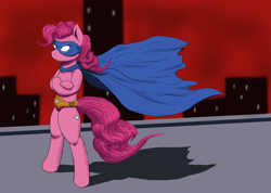 Size: 3486x2476 | Tagged: safe, artist:vicmanone, derpibooru import, pinkie pie, earth pony, pony, alternate cutie mark, batman, bipedal, cape, clothes, costume, crossover, high res, mask, solo, superhero