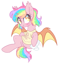 Size: 2250x2443 | Tagged: safe, artist:hawthornss, oc, oc only, oc:paper stars, bat pony, pony, amputee, bandage, bat pony oc, blatant lies, blushing, clothes, cute, dock, ear fluff, female, glitterstars, implied lesbian, mare, missing limb, moonsugar is trying to kill us, scrunchy face, shirt, simple background, sitting, solo, spread wings, stump, sweat, transparent background, weapons-grade cute