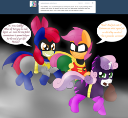 Size: 2500x2300 | Tagged: safe, artist:blackbewhite2k7, apple bloom, scootaloo, sweetie belle, batfilly, batgirl, batman, catgirl, catwoman, chase, crossover, cutie mark crusaders, kitrina falcone, parody, robin