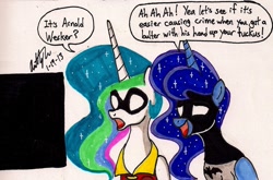 Size: 1306x861 | Tagged: safe, artist:newyorkx3, princess celestia, princess luna, alicorn, pony, batman, reference, robin, traditional art, two best friends play