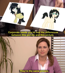 Size: 695x783 | Tagged: safe, artist:scraggleman, edit, oc, oc:floor bored, earth pony, pony, comparison, exploitable meme, meme, meme edit, pam beesly, ponified, the office, they're the same picture, tomoko kuroki, watamote