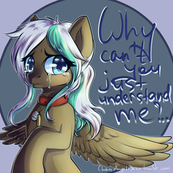 Size: 2000x2000 | Tagged: safe, artist:chaosangeldesu, oc, oc only, oc:lynn, pegasus, pony, abstract background, collar, crying, female, mare, solo, spread wings