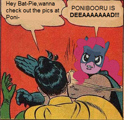 Size: 400x387 | Tagged: safe, derpibooru import, pinkie pie, earth pony, pony, batman, my parents are dead, ponibooru, robin, slap