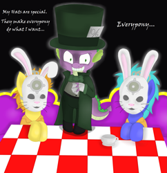 Size: 1681x1737 | Tagged: safe, artist:blackbewhite2k7, spike, dragon, pony, arkham city, batman, crazy face, crossover, cup, faic, jervis tetch, mad hatter, male, mask, parody, teacup