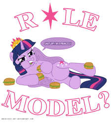 Size: 1200x1319 | Tagged: safe, artist:ladyanidraws, twilight sparkle, twilight sparkle (alicorn), alicorn, pony, :t, annoyed, bloated, burger, chubby, defensive, female, food, frown, glare, hay burger, hypocritical humor, looking at you, mare, messy eating, new crown, on side, open mouth, puffy cheeks, solo, spread wings, twilight burgkle