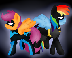 Size: 2240x1800 | Tagged: safe, artist:blackbewhite2k7, derpibooru import, rainbow dash, scootaloo, pegasus, pony, batman, crossover, nightwing, older, parody