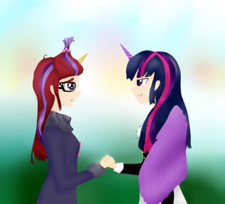 Size: 5614x5089 | Tagged: safe, artist:the-secret-perfect, moondancer, twilight sparkle, twilight sparkle (alicorn), human, amending fences, absurd resolution, clothes, glasses, horned humanization, humanized, sweater, winged humanization