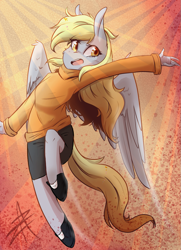 Size: 893x1233 | Tagged: safe, artist:myralilth, derpy hooves, anthro, unguligrade anthro, abstract background, clothes, solo, sweater, underp