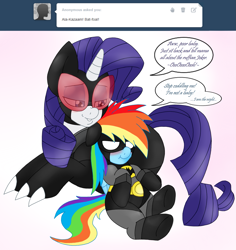 Size: 1545x1635 | Tagged: safe, artist:blackbewhite2k7, derpibooru import, rainbow dash, rarity, pegasus, pony, unicorn, batman, catwoman, cuddling, female, foal, lesbian, raridash, shipping, sitting, younger