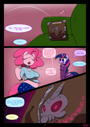 Size: 849x1200 | Tagged: safe, artist:slypon, pinkie pie, twilight sparkle, anthro, comic:night mares, comic:night mares (series), belly button, breasts, chubby, comic, midriff