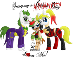 Size: 1014x788 | Tagged: safe, artist:someponytolove, arkham city, batman, harley quinn, ponified, scarface, the joker