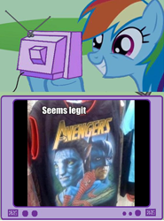 Size: 724x978 | Tagged: safe, derpibooru import, rainbow dash, pegasus, pony, avatar, batman, exploitable meme, james cameron's avatar, seems legit, spider-man, the avengers, tv meme