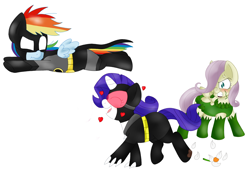 Size: 2750x1900 | Tagged: safe, artist:blackbewhite2k7, derpibooru import, fluttershy, rainbow dash, rarity, pegasus, pony, unicorn, batman, catwoman, chase, crossover, female, filly, lesbian, parody, poison ivy, raridash, shipping, younger