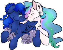 Size: 1024x815 | Tagged: safe, artist:bewarethemusicman, princess celestia, princess luna, oc, oc:odin, oc:selene, alicorn, pony, alternate hairstyle, baby, baby pony, colt, female, filly, freckles, male, next generation, offspring, parent:princess luna, simple background, twins, white background