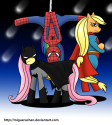 Size: 1235x1376 | Tagged: safe, artist:migueruchan, derpibooru import, applejack, fluttershy, rainbow dash, earth pony, pegasus, pony, batman, spider-man, superman