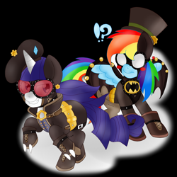 Size: 2000x2000 | Tagged: safe, alternate version, artist:blackbewhite2k7, derpibooru import, rainbow dash, rarity, pegasus, pony, unicorn, batman, batmare, catwoman, crossover, female, lesbian, parody, raridash, shipping, steampunk