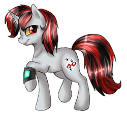 Size: 1087x997 | Tagged: safe, artist:not-ordinary-pony, oc, oc only, oc:blackjack, pony, unicorn, fallout equestria, fallout equestria: project horizons, female, looking back, mare, raised hoof, simple background, smiling, solo