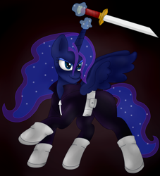 Size: 1655x1821 | Tagged: safe, artist:blackbewhite2k7, princess luna, alicorn, pony, batman, crossover, feminism, katana, parody, redesign, solo, sword, talia al ghul, weapon