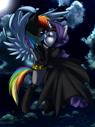 Size: 1400x1866 | Tagged: safe, artist:cat-cly, derpibooru import, rainbow dash, rarity, pegasus, pony, unicorn, batman, bipedal, catwoman, crossover, female, flying, kissing, lesbian, night, parody, raridash, shipping