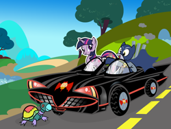 Size: 1000x750 | Tagged: safe, artist:pixelkitties, derpy hooves, twilight sparkle, pegasus, pony, turtle, 60s batman, batman, batmobile, cardboard cutout, cardboard twilight, female, lincoln futura, mare, toy turtle