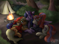 Size: 2400x1800 | Tagged: safe, artist:kikirdcz, applejack, moondancer, twilight sparkle, twilight sparkle (alicorn), alicorn, earth pony, pony, backwards cutie mark, campfire, camping, clothes, commission, female, fire, forest, lesbian, looking at each other, mare, one eye closed, scrunchy face, shipping, signature, sweater, tent, trio, twijack