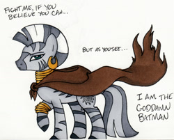 Size: 1617x1297 | Tagged: safe, artist:thedarklordkeisha, zecora, zebra, batman, clothes, crossover, female, mare, robe, solo