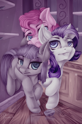 Size: 1298x1954 | Tagged: safe, artist:hamatte, boulder (pet), maud pie, pinkie pie, rarity, pony, unicorn, the gift of the maud pie, scene interpretation