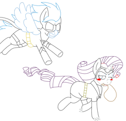 Size: 1270x1225 | Tagged: safe, artist:blackbewhite2k7, derpibooru import, rainbow dash, rarity, pegasus, pony, unicorn, bag, batman, catwoman, chase, crossover, female, flying, lesbian, parody, raridash, running, shipping, wink, wip