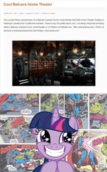 Size: 644x1042 | Tagged: safe, twilight sparkle, batcave, batman, man cave, superman, the incredible hulk