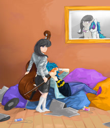 Size: 1280x1482 | Tagged: safe, artist:n4th4niel, dj pon-3, octavia melody, vinyl scratch, human, batman, cello, clothes, duo, female, humanized, musical instrument, skirt