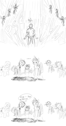 Size: 924x1764 | Tagged: safe, artist:nobody, applejack, fluttershy, pinkie pie, rainbow dash, rarity, twilight sparkle, twilight sparkle (alicorn), oc, oc:anon, alicorn, human, pegasus, pony, unicorn, ..., :t, black and white, chubby, comic, death, dialogue, elements of harmony, female, frown, grayscale, gritted teeth, mane six, mare, monochrome, open mouth, simple background, sitting, white background, wide eyes