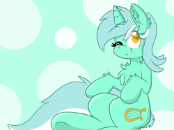 Size: 1600x1200 | Tagged: safe, artist:meowmavi, lyra heartstrings, pony, unicorn, abstract background, chest fluff, colored pupils, ear fluff, one eye closed, sitting, smiling, solo, wink