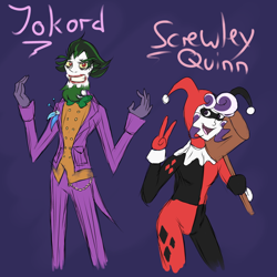 Size: 750x750 | Tagged: safe, discord, screwball, ask, ask human discord, batman, cosplay, costume, dressup, harley quinn, humanized, jokercord, mallet, nightmare night, the joker, tumblr