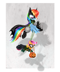 Size: 1025x1240 | Tagged: safe, artist:lova-gardelius, derpibooru import, rainbow dash, scootaloo, pegasus, pony, batman, costume, nightmare night, robin