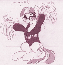 Size: 900x927 | Tagged: safe, artist:foxxy-arts, moondancer, cheerleader, glasses, grayscale, monochrome, solo