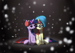 Size: 2800x2000 | Tagged: safe, artist:zigrock, moondancer, twilight sparkle, twilight sparkle (alicorn), alicorn, pony, beanie, female, glasses, hat, intertwined tails, lesbian, mare, shipping, snow, snowfall, toque, twidancer